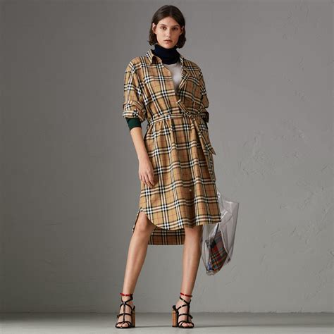 burberry vintage check cotton tie-waist shirt dress|Check Cotton Shirt Dress in Flax .